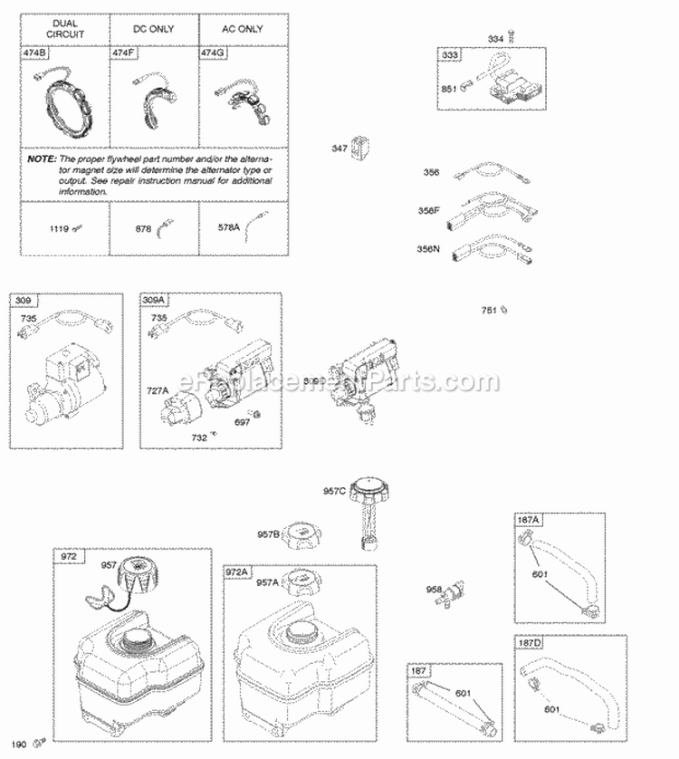 Alternator Electric Starter Fuel Supply Ignition Diagram and Parts List for 21M114-0129-E1  Briggs and Stratton Engine